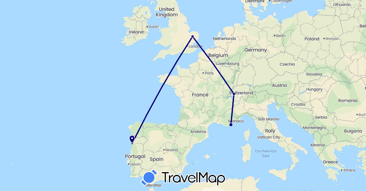 TravelMap itinerary: driving in Switzerland, France, United Kingdom, Portugal (Europe)